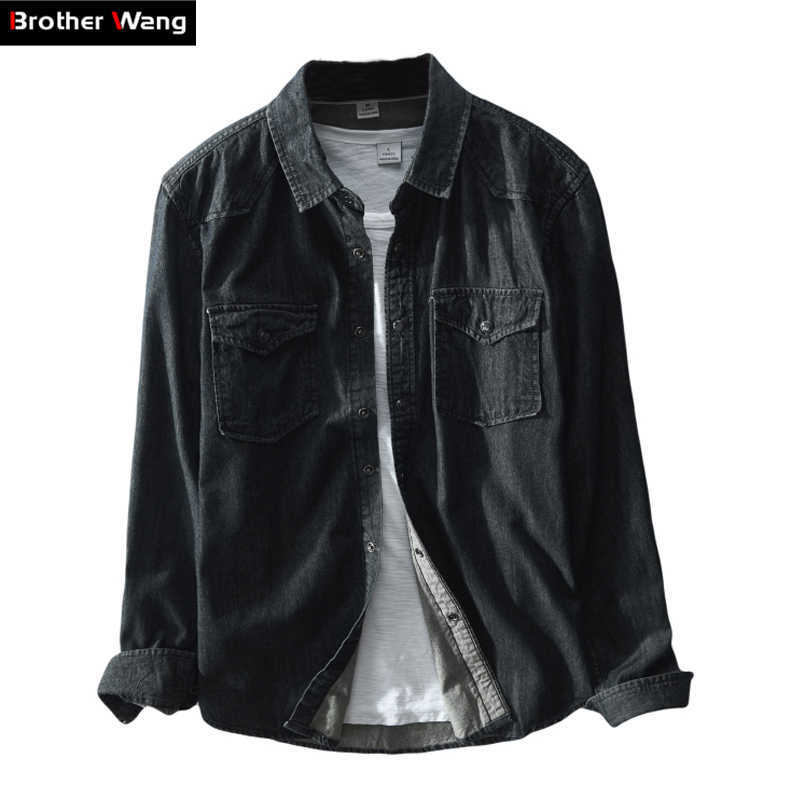 Brother Wang Brand Spring Men's Casual Black Denim Shirt 100 Cotton Fashion Slim Long Sleeve Shirts Male clothes 210628, Blue
Brother Wang Brand Spring Men's Casual Black Denim Shirt 100 Cotton Fashion Slim Long Sleeve Shirts Male clothes 210628, Blue