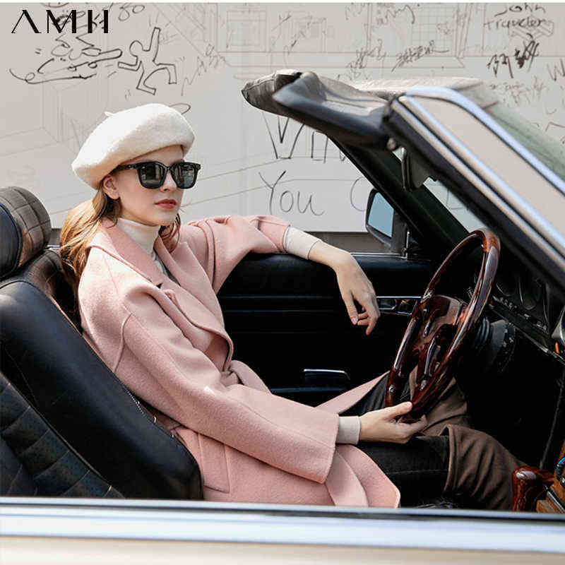 Minimalism Women Winter Solid Double Woolen Coat Fashion Causal Lapel Belt 100%Wool Female Long 11970505 210527