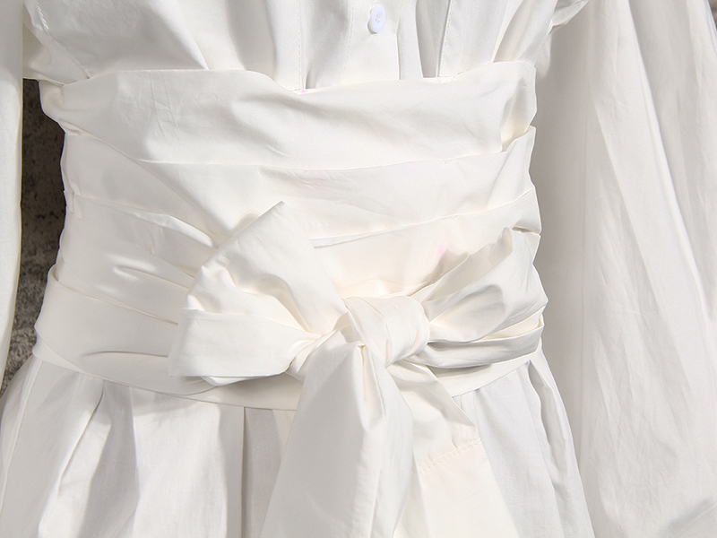 TWOTWINSTYLE White Bowknot Shirt For Women Lapel Lantern Sleeve Bandage High Waist Casual Blouse Female Autumn New Tide 210225