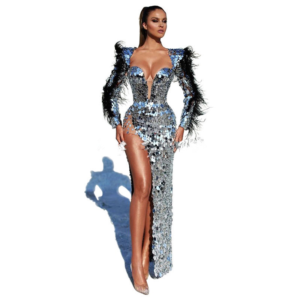 Sparkly Sequins Evening Dresses Black Feather Sexy High Split Side Mermaid Robe De Soiree Prom Dresses Woman Party Night Gowns