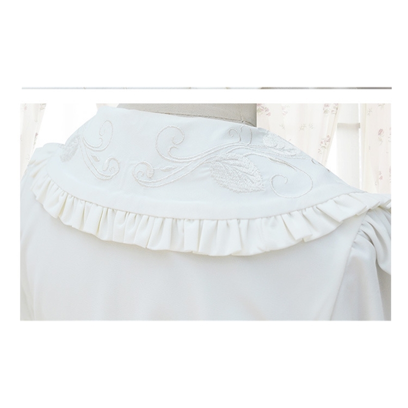 Sweet Lolita Shirt Short Puff Sleeve Flower Embroidered Peter Pan Collar White Ruffle Blouse for Ladies T200321