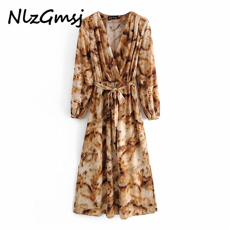 

Dres Animal Print Woman Autumn Vintage Ruched Midi Bow Blet Long Sleeve Ladies es 210628, As picture