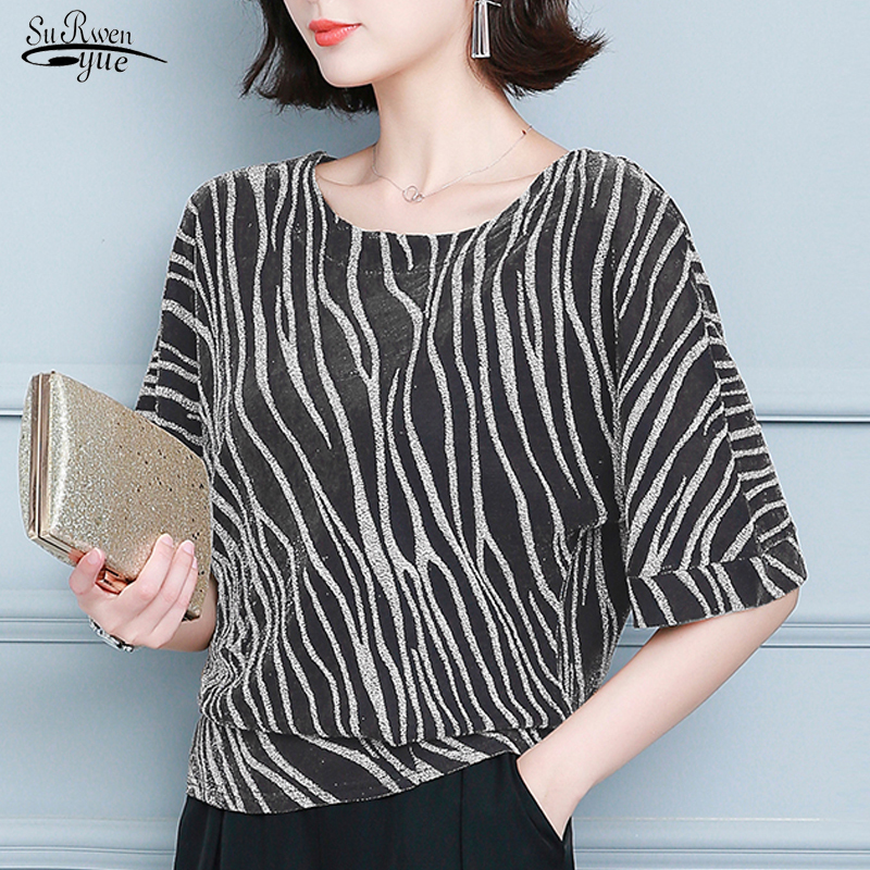 2021 Summer Short Sleeve Striped Blouse Women Cotton Casual O Neck Plus Size Women Shirt Ladies Pullover Tops Blusas Mujer 10126 210225