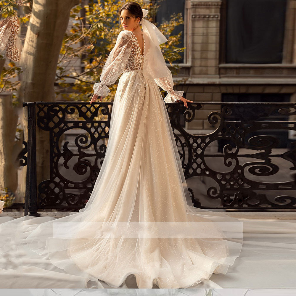 Graceful V Neck Lace Appliques Wedding Dress Long Puff Sleeves Sweep Train A Line Custom Made Bridal Gowns Vestido De Noiva