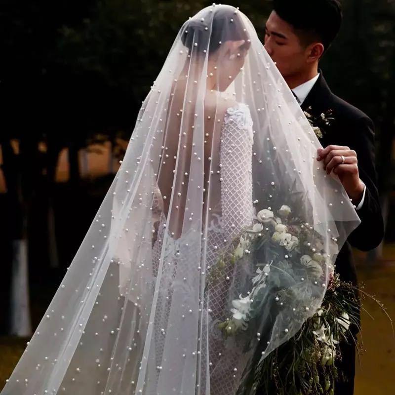 

Cathedral Length Romantic 1-Tier Pearl Beaded Long Bridal Veil Soft Tulle White Ivory Wedding Veils Handmade Accessories Headwear 3 yards, Champagne