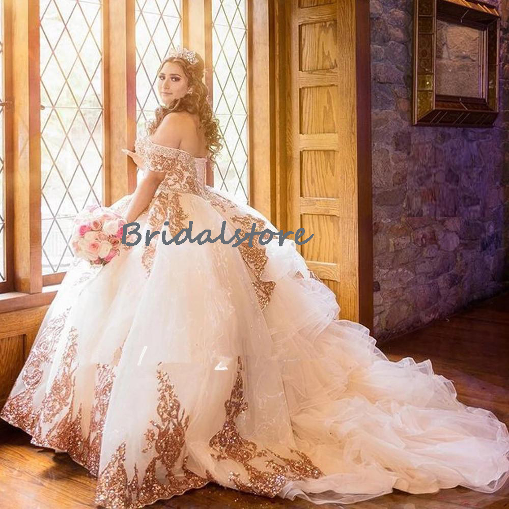 Rose Gold Sequin Quinceanera Dresses Vestidos De 15 Anos Princess Plus Size Masquerade Prom Gowns Sweet 15 Birthday Party Skirt With Detachable Sleeve