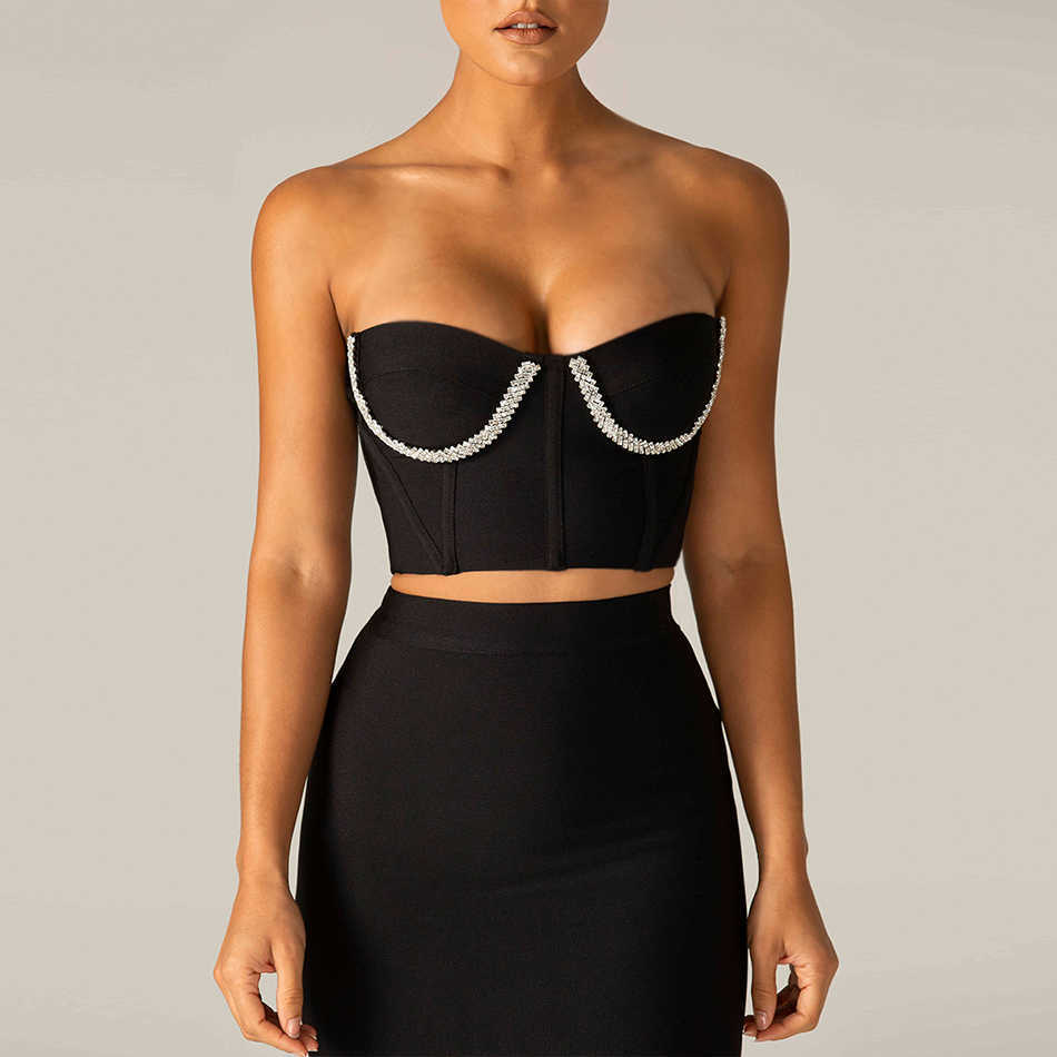Summer Ladies Black Crystal Tight Bandage Suit 2 Two-Piece Sexy Sleeveless Strapless Top Celebrity Party Set 210525