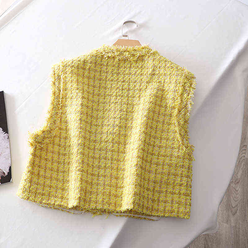 Women Sweet Fashion Yellow Plaid Tweed Tassel Frayed Waistcoat Vintage V Neck Sleeveless Female Vest Outerwear Chic Tops 211120