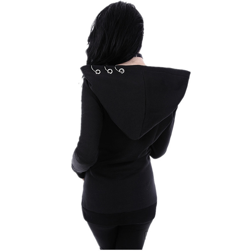 Women Punk Hoodie Sweatshirt Autumn Long Sleeve Iron Ring Hooded Zipper Jackets Casual Plus Size Black Tops Female Clothes 201211