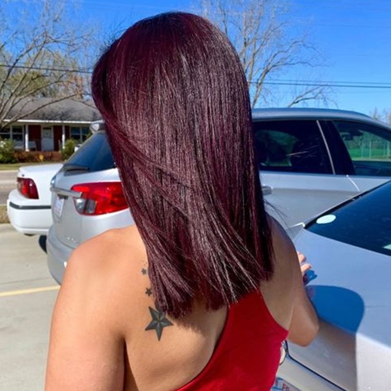 Side Part Burgundy Color Short Bob Straight 13X1 Lace Closure Wigs With PrePlucked Baby Hair Synthetic Wig For Women 180%
