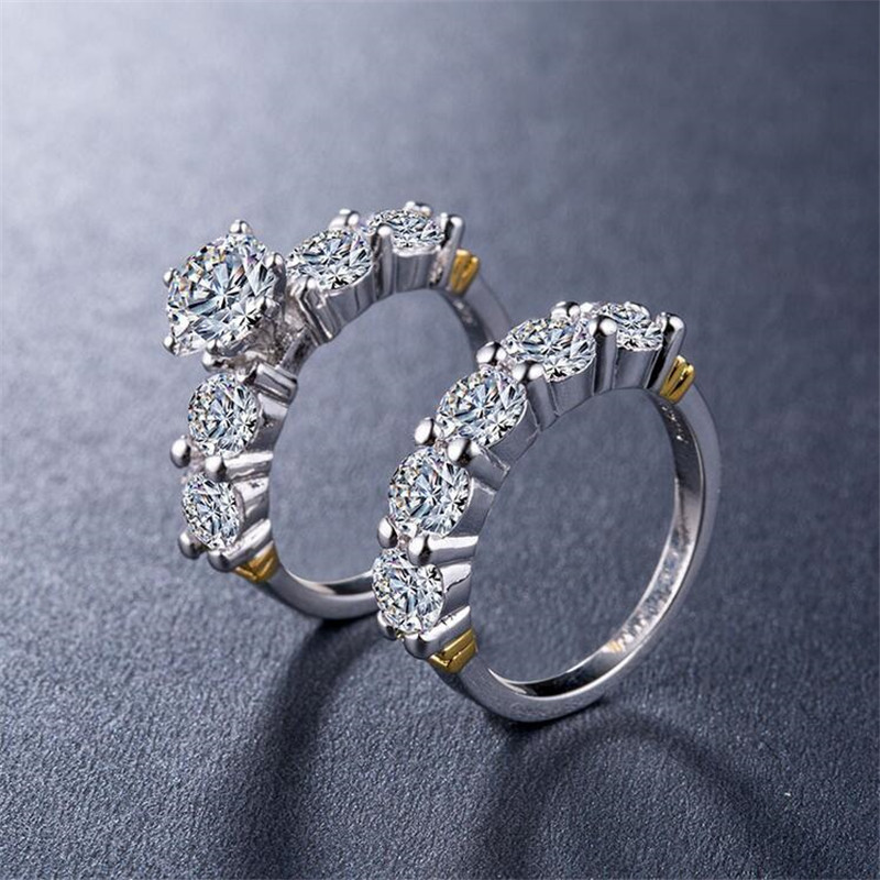 Luxury Jewerly Couple Rings 925 Sterling Silver Round Cut White Topaz CZ Diamond Gemstone Eternity Women Wedding Engagement Bridal Ring Set