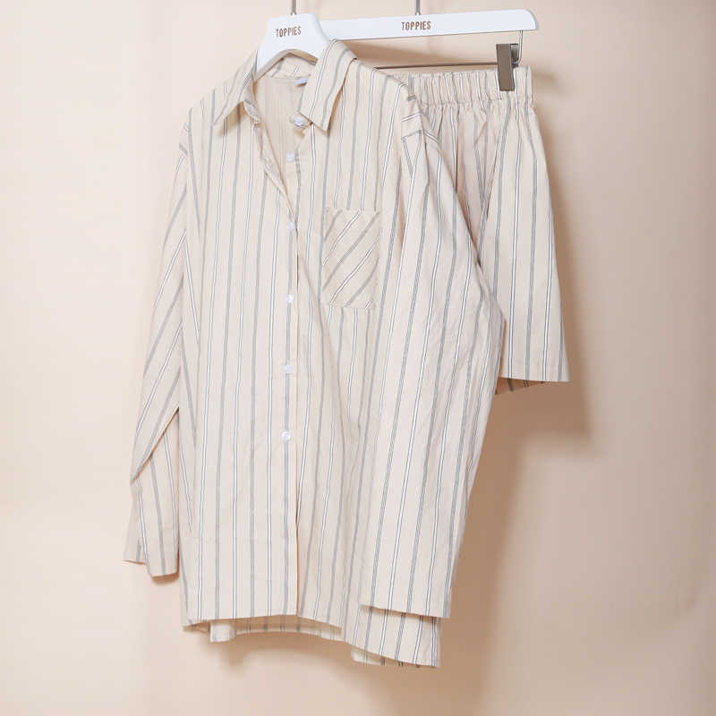 Toppies Casual Striped Tracksuits Woman Shorts Set Oversize Shirt High Waist Shorts Two Piece Set Female Clothes 210924