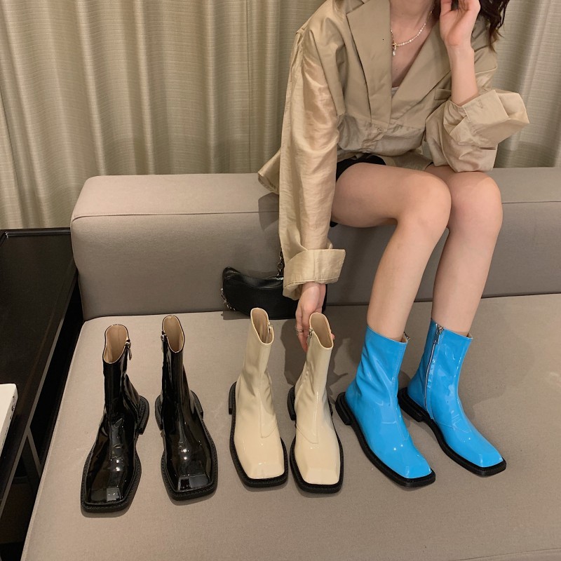 boots vintage square toe patent leather stretch sock women brand design med heel ankle for g36v, Black
boots vintage square toe patent leather stretch sock women brand design med heel ankle for g36v, Black