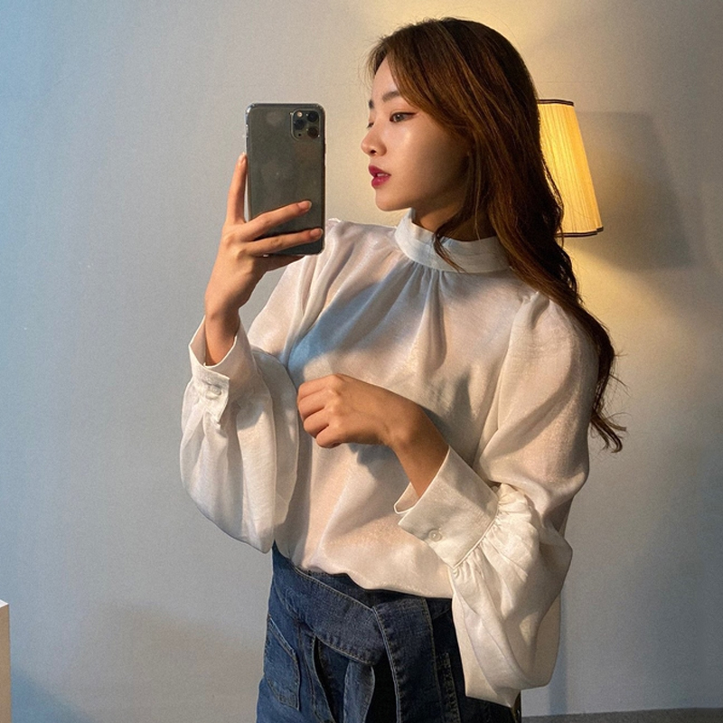 Elegant Fashion Women Satin Blouse Puff Sleeve Satand Collar Korean Long Sleeve Shirt Office Lady Spring Blouses Blusas 12944 210225