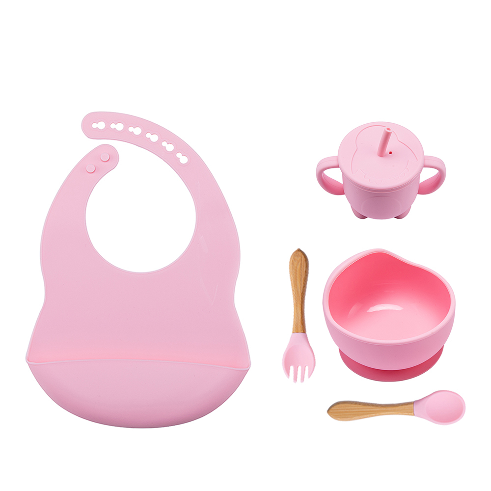 5 Pcs set Silicone Bowl Bibs cup Sets Baby BPA Free Waterproof Spoon NonSlip Feedings Silicone Bowl Tableware Baby Products 210226