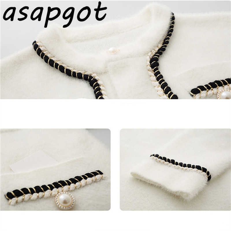 Asapgot White Mink Cashmere Sweater Coat Women Autumn Winter Lazy Style Korean Retro Black Loose O Neck Knitted Cardigan Fashion 210811