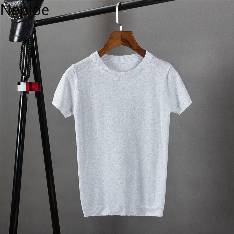 Neploe Lurex Knitted Women T Shirts Spring Summer Solid Korean O Neck Short Sleeve Tees Casual Stretch Female Tops 80612 210306