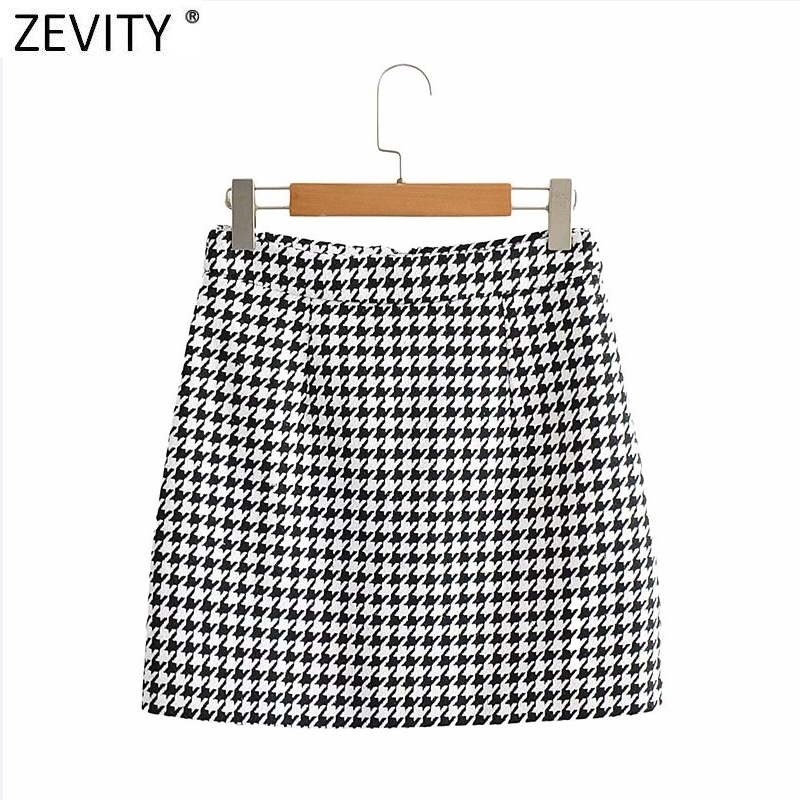 Zevity New Women Vintage Houndstooth Plaid Print Casual Slim Pencil Skirt Faldas Mujer Female Back Zipper Chic Vestidos QUN707 210309