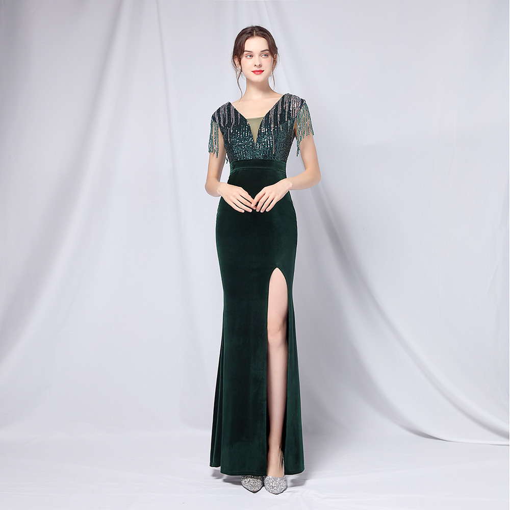 Wine Red Beaded Velvet Prom Party Dresses Tassel Sparkly V-neck Mermaid Full length Evening Dress Koftan Doubai robes de soirée