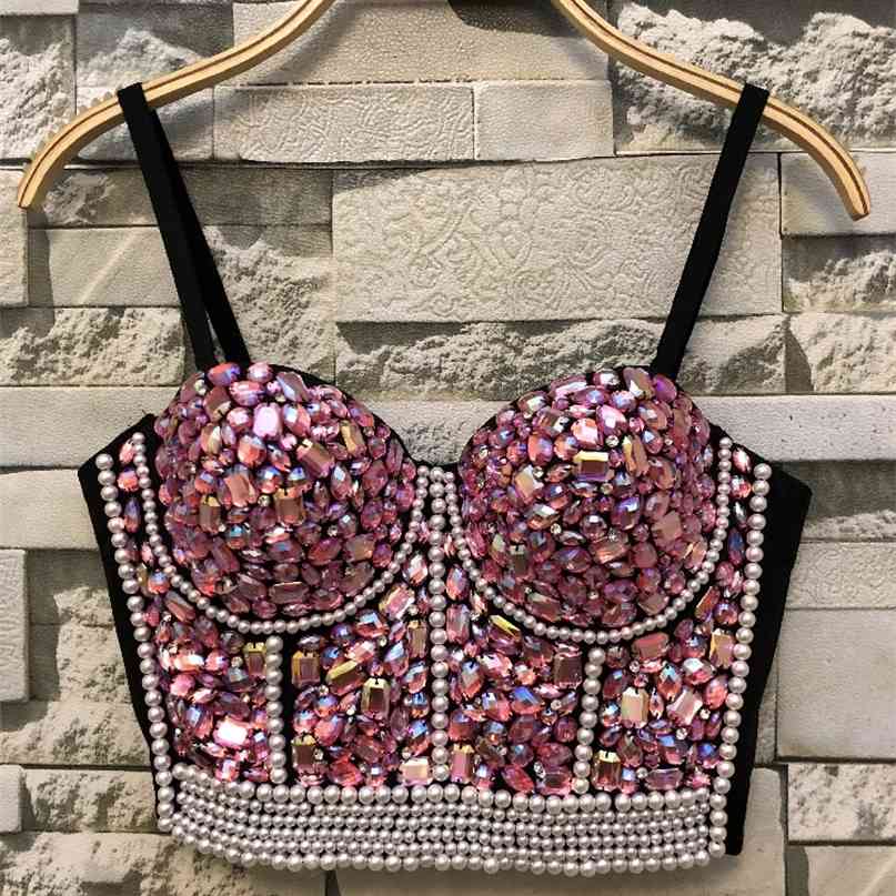 Queen Bead Bustier Pearls Diamond Push Up Night Club Bralette Women's Bra Cropped Top Plus Size 210527