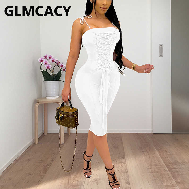 Spaghetti Strap Lace Up Front Slim Bodycon Midi Dress 210702
