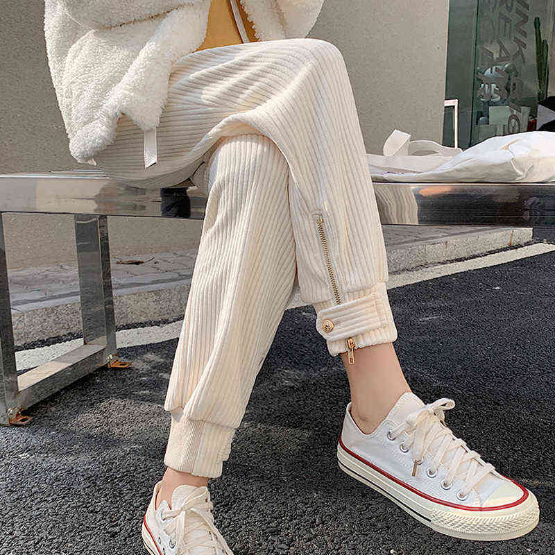 JMPRS Winter Corduroy Pants Women Thick Warm Plus Size Fashion Zipper Elastic High Waist Pencil Pant Causal Loose Baggy Trousers 211115