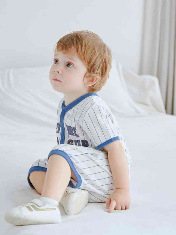 Baby Pinstriped Letter Patched Contrast Binding Romper SHE