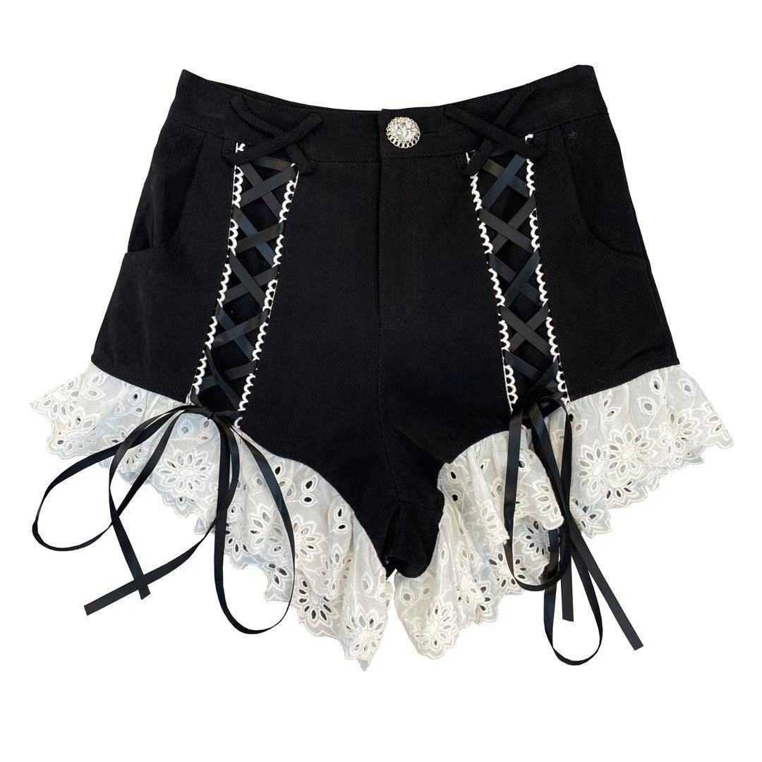 DEAT Spring Arrivals High Waist Drawstring Lace Patchwork Denim Shorts Women Streetwear ML506 210611