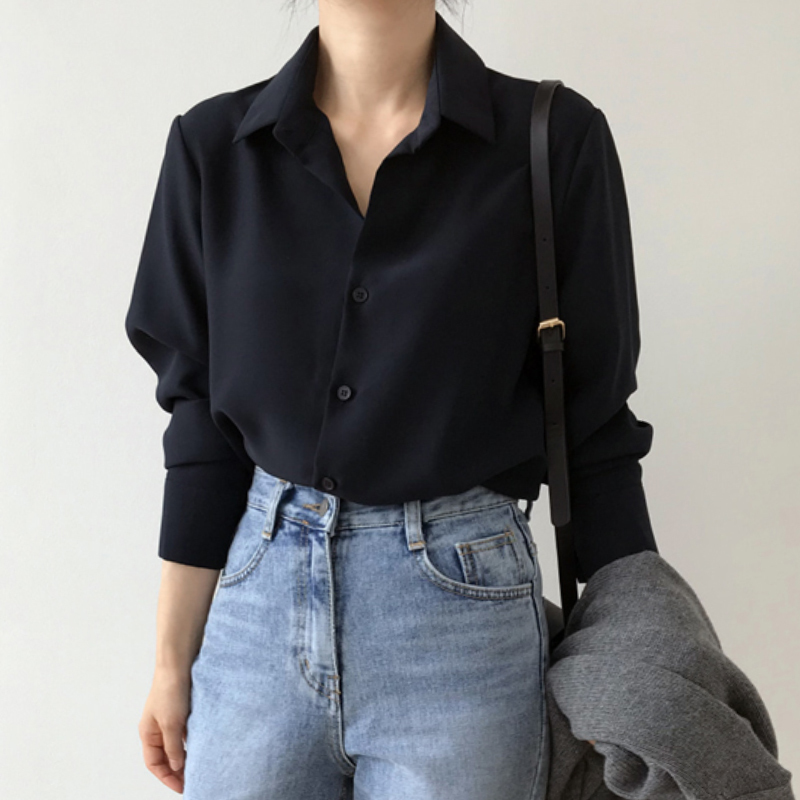 2021 Spring Women Solid Long Sleeve Chiffon Blouse Office Lady Elegance Oversize Black HB Shirts Korean Style White Tops T08905F 210225
