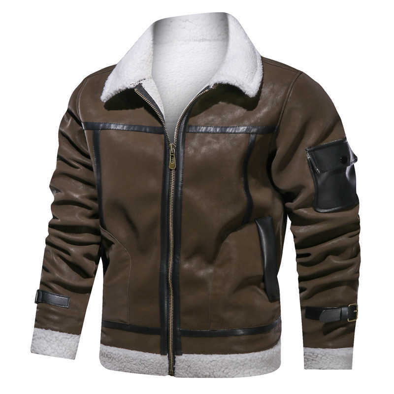 Winter Mens PU Leather Jacket Fleece Thick Fur Collar Coats Warm pocket Slim Biker Motorcycle Jacket men Windbreakers 210603