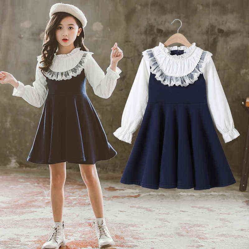 Bear Leader School New Girls Clothing Dress Baby Casual Dress Kids Patchwork Fall Clothes Children Long Sleeve Dress Blue White AA220302