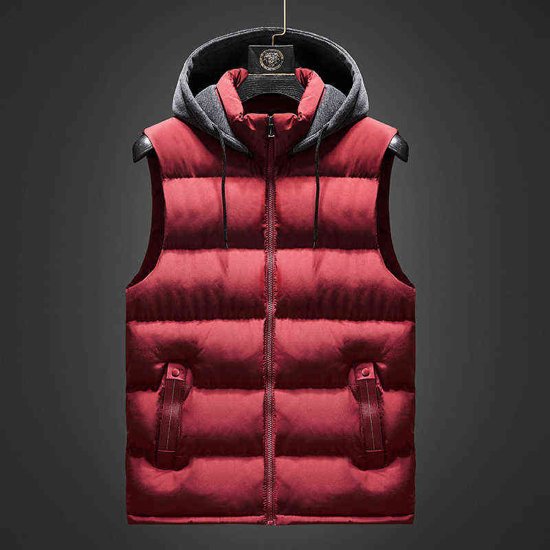 Vests Autumn Sleeveless Jacket Fashion Hat Hooded Warm Vest Winter Waistcoat Men Casual Windbreaker 5Xl 211120