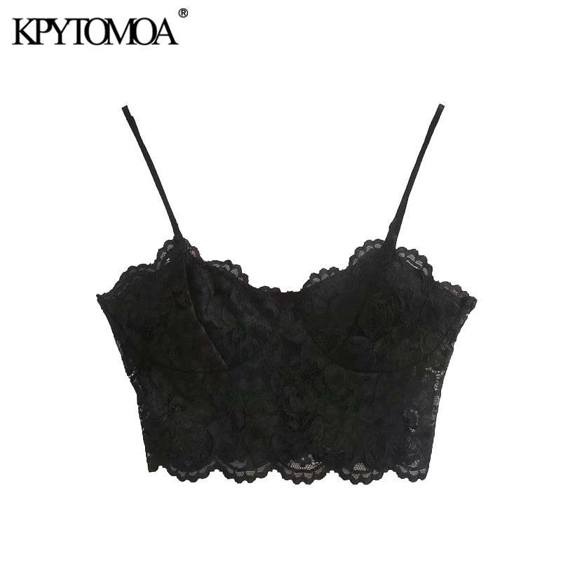 KPYTOMOA Women Sexy Fashion Lace Bralette Cropped Tank Top Vintage Backless Adjustable Thin Strap Female Camis Chic Tops 201028