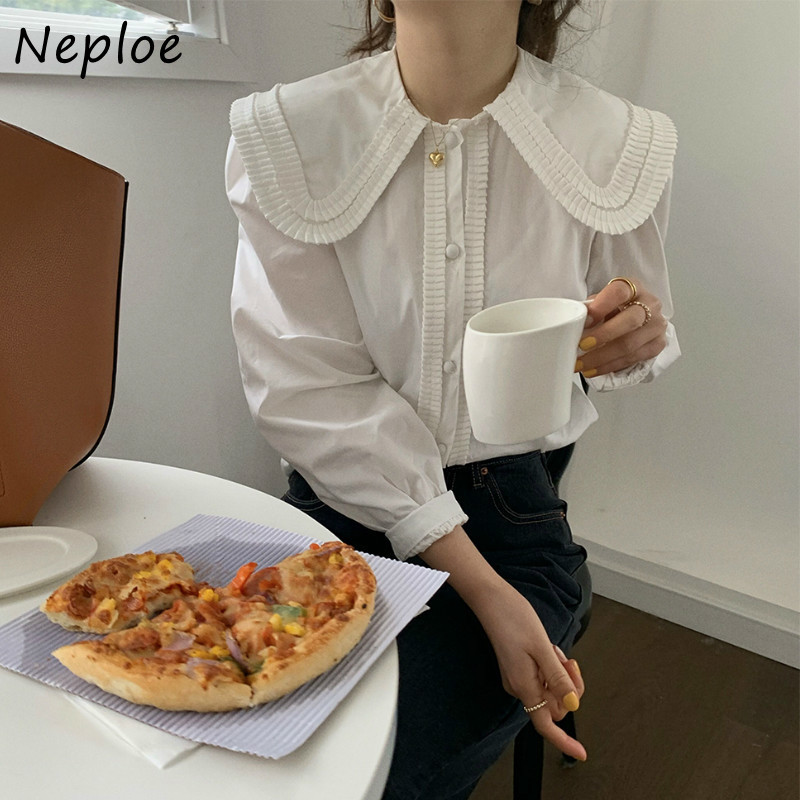 Neploe Doll Collar Puff Long Sleeve Cute Blouse Women Work Style OL Loose White Blue Blusas Single Breast Simple Shirt 210225