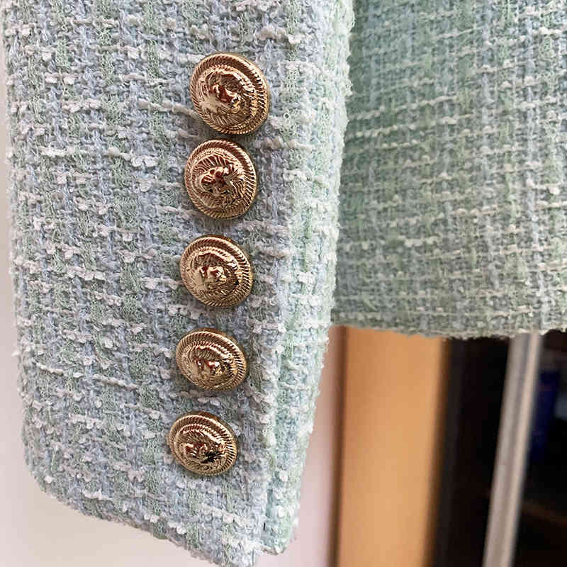 Tweed Mint Green Blazer Ladies Summer Jacket Coat Slim Office Business Double-breasted Woven Wool 210525