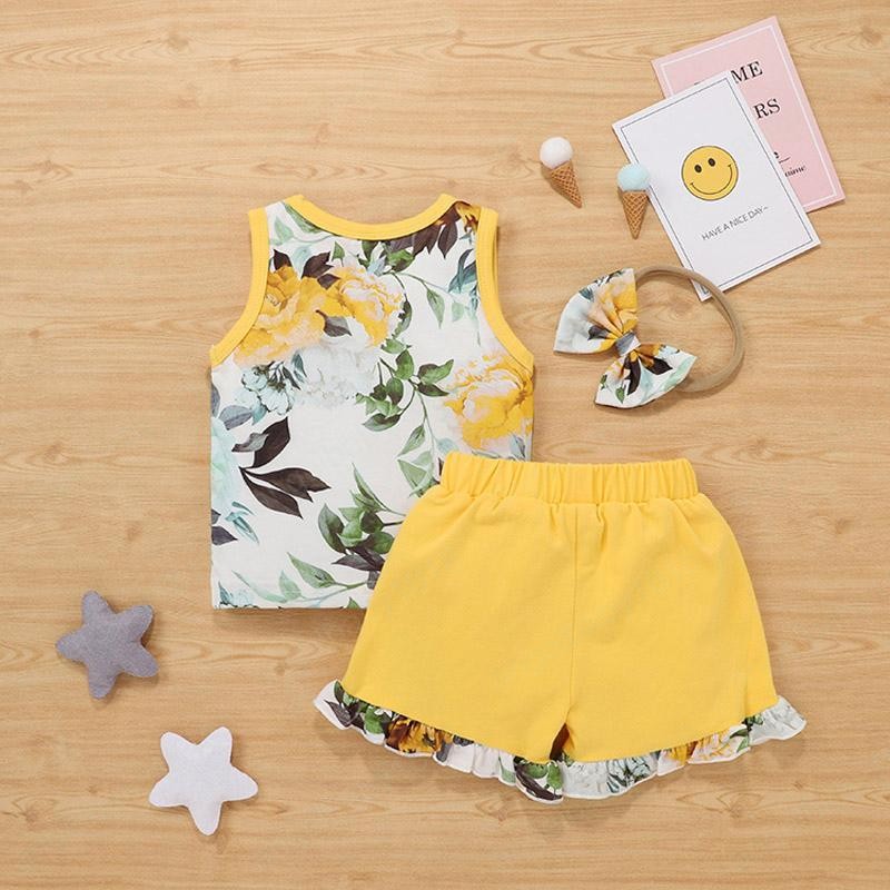 Baby Girls Shorts Suits Infant Floral Vest Toddler Flower Printed Tops Elastic Splice Lace Shorts Kids Casual Outfits With Headband