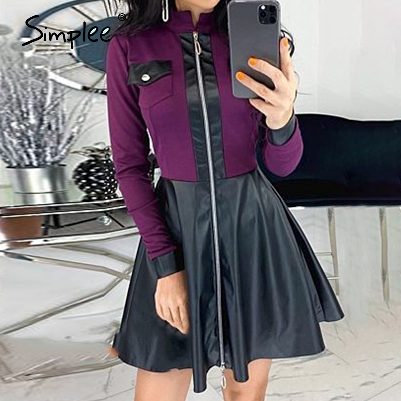 Elegant Aline women's party dresses Casual Stand collar zipper dress High street short pu leather autumn 210309