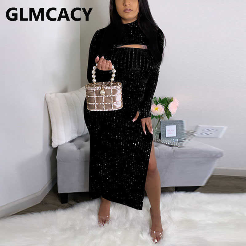 Women Glitter Striped Velvet Dress Sexy Evening Party Club Slit Dress 210702