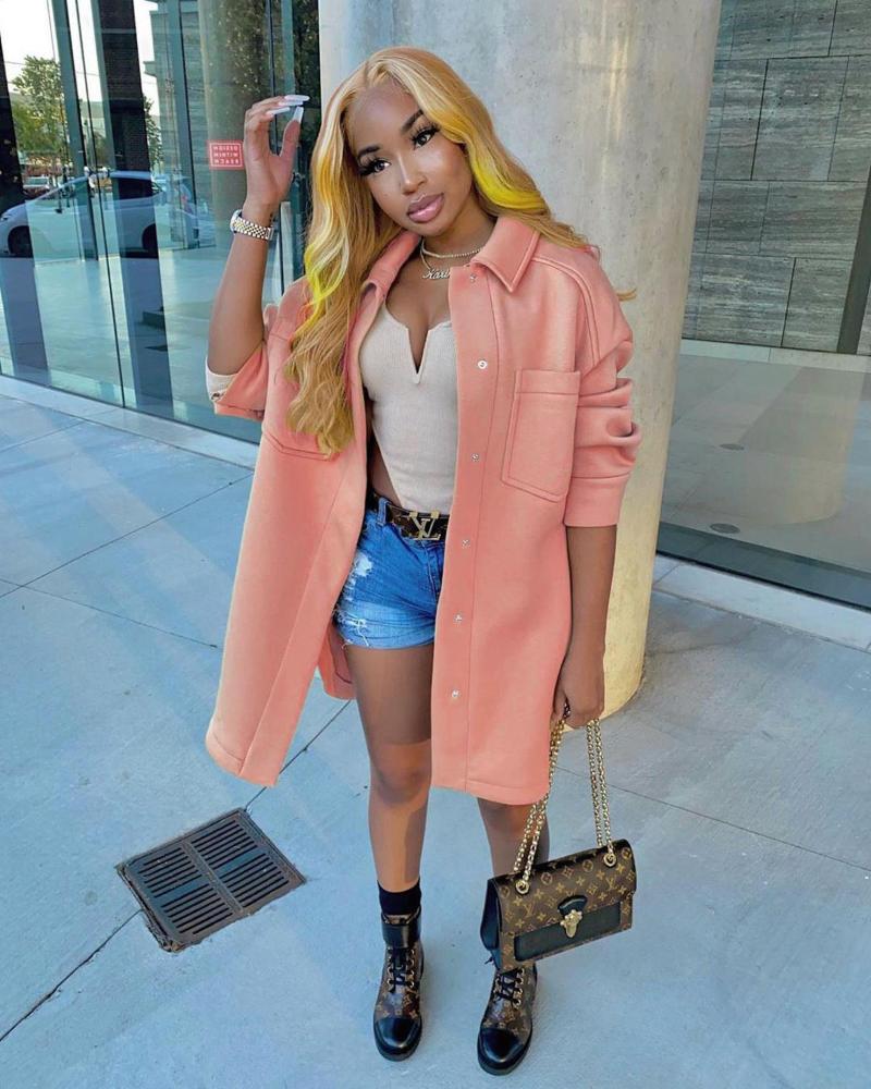 2021 Trendy Women Woolen Coat Turn Down Collar Single Breasted Pockets Long Sleeve Mid Length Trench Jacket Cardigans