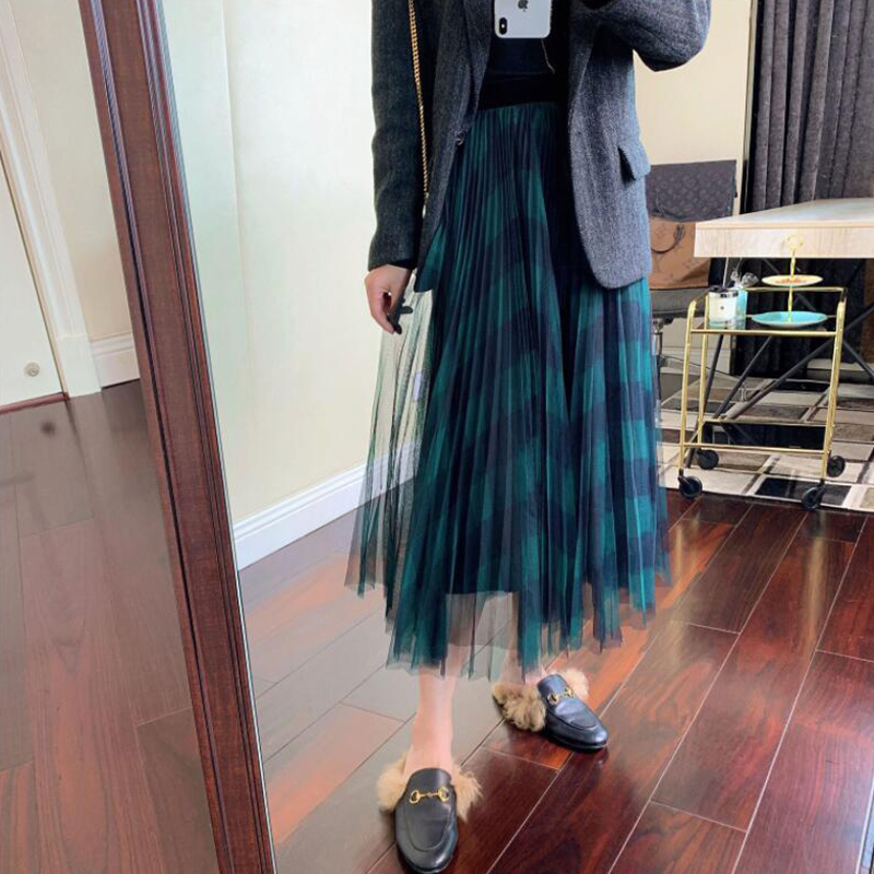 TIGENA Green Red Long Plaid Tutu Tulle Skirt Women Fashion Elegant A Line High Waist Pleated Maxi Skirt Female Ladies 210306