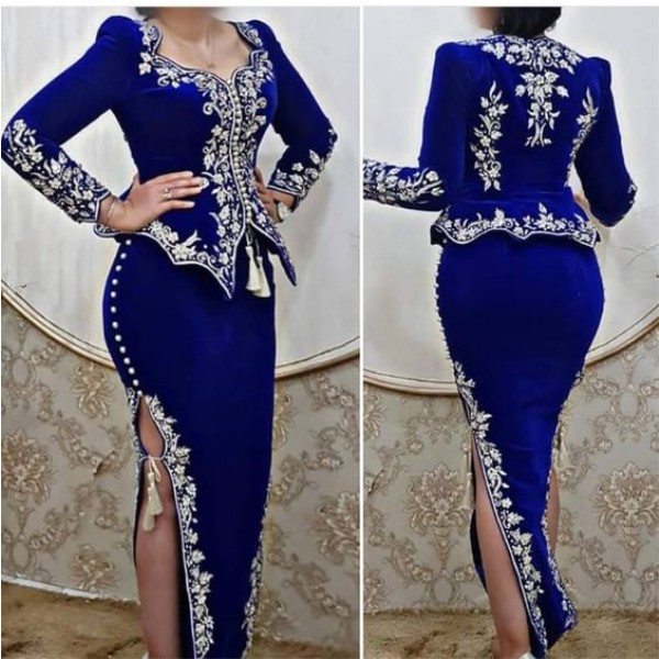 Karakou algerien Royal Blue Prom Formal Dresses with Long Sleeves 2021 Silver Lace Embroidery Peplum side Slit Arabic Evening Gowns