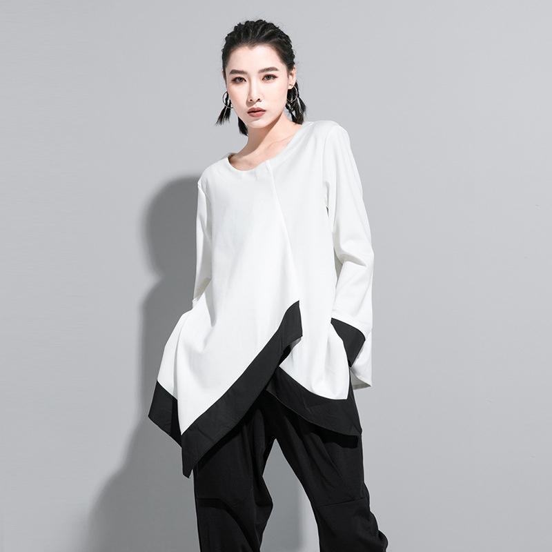 [EAM] Women White Contrast Color Split Big Size T-shirt New Round Neck Long Sleeve Fashion Tide Spring Autumn 2021 1DA611 210302