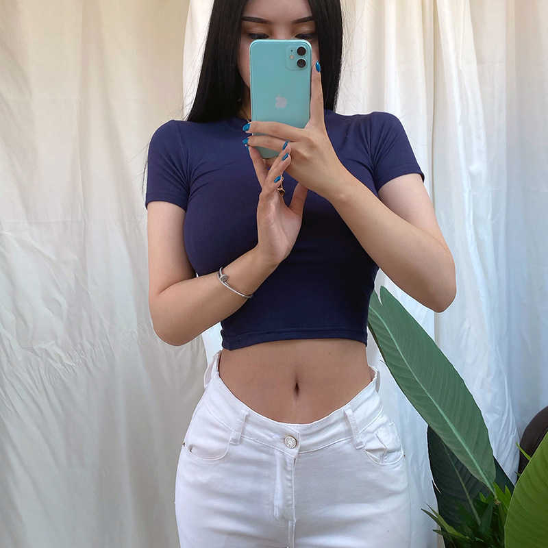 WOMENGAGA Korea Dark Blue Sexy Dew Belly Short Sleeve T-shirt Summer Top Big Bust Women T Shrits Tee XH8V 210603