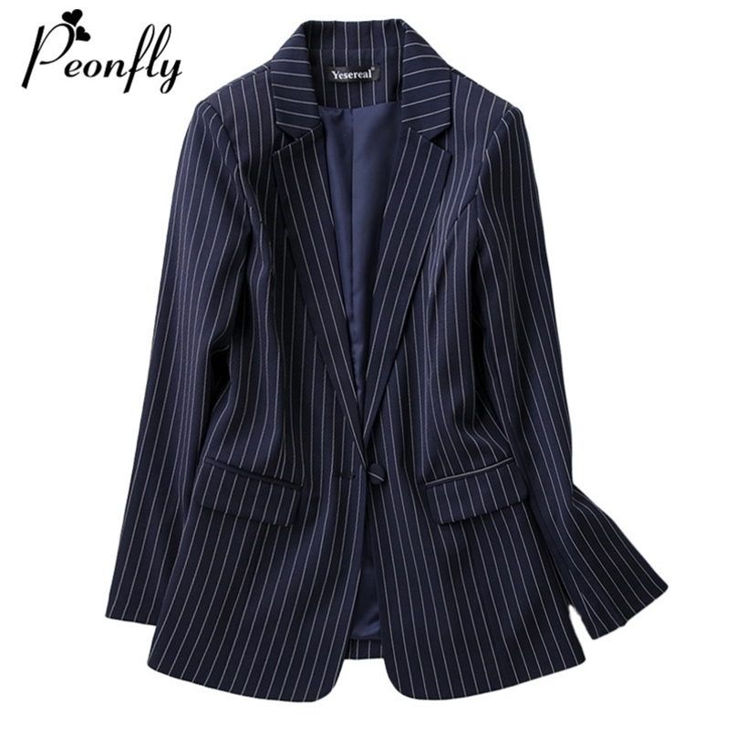 Fashion Striped Printed Blazer Women Spring Casual Long Sleeve Coat Korean Style Single Button Feminino Blue 211122