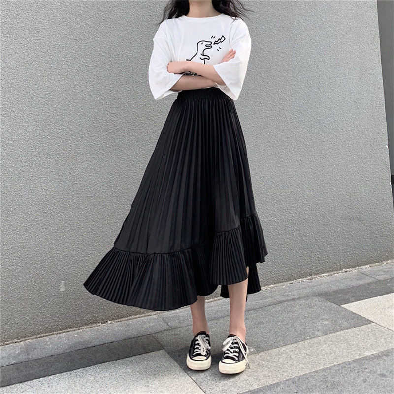 Students School Irregular Pleated Skirt for Women Summer Black White Harajuku Chic Sweet Skirts Female High Waist Long Skirts 210619wtt