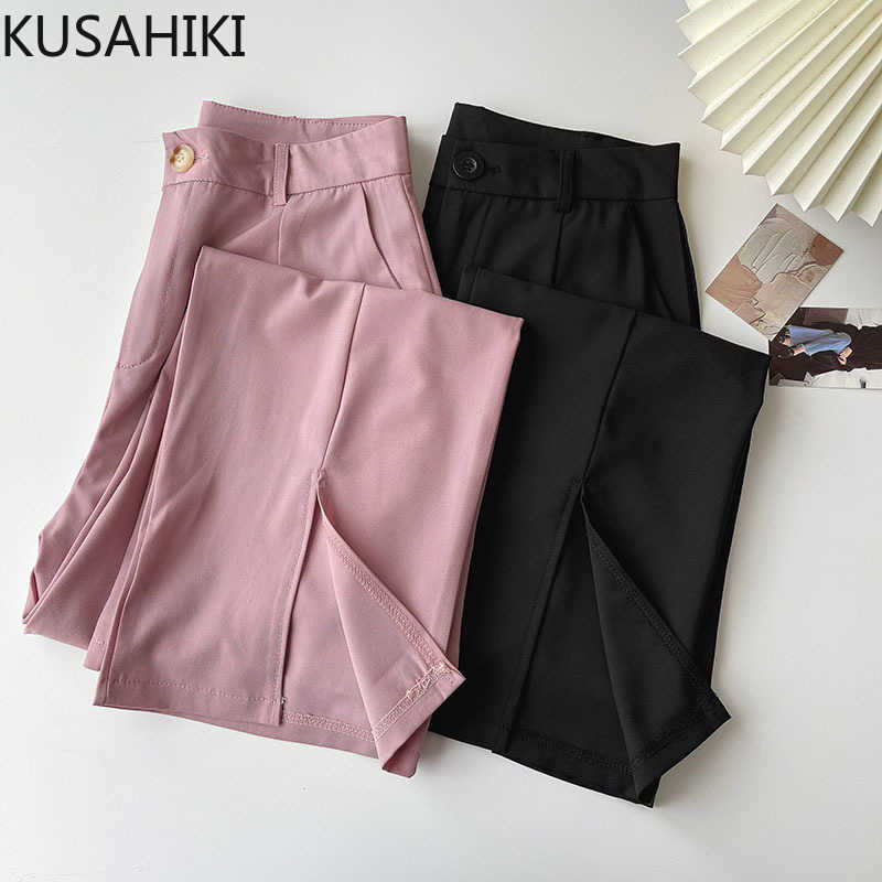 Solid Causal Women Pants Spring High Waist Long Trousers Korean Split Wide Leg Pantalones De Mujer 6G191 210603