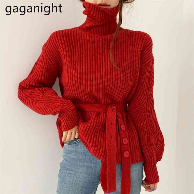 Chic Button Lace Up Women Sweater Autumn Winter Turtleneck Pullovers Korean Thick Warm Loose Sweaters Knited Tops 210601