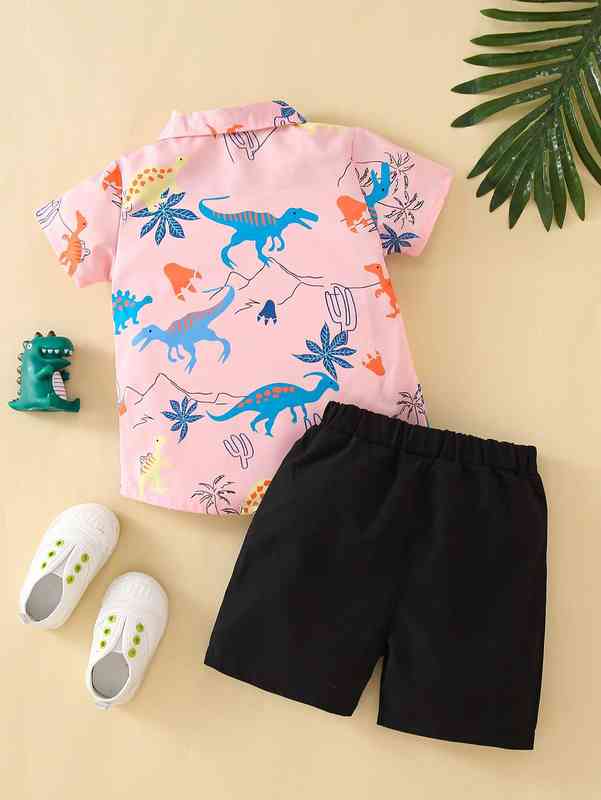 Baby Plant And Dinosaur Print Patched Pocket Shirt & Shorts SHE