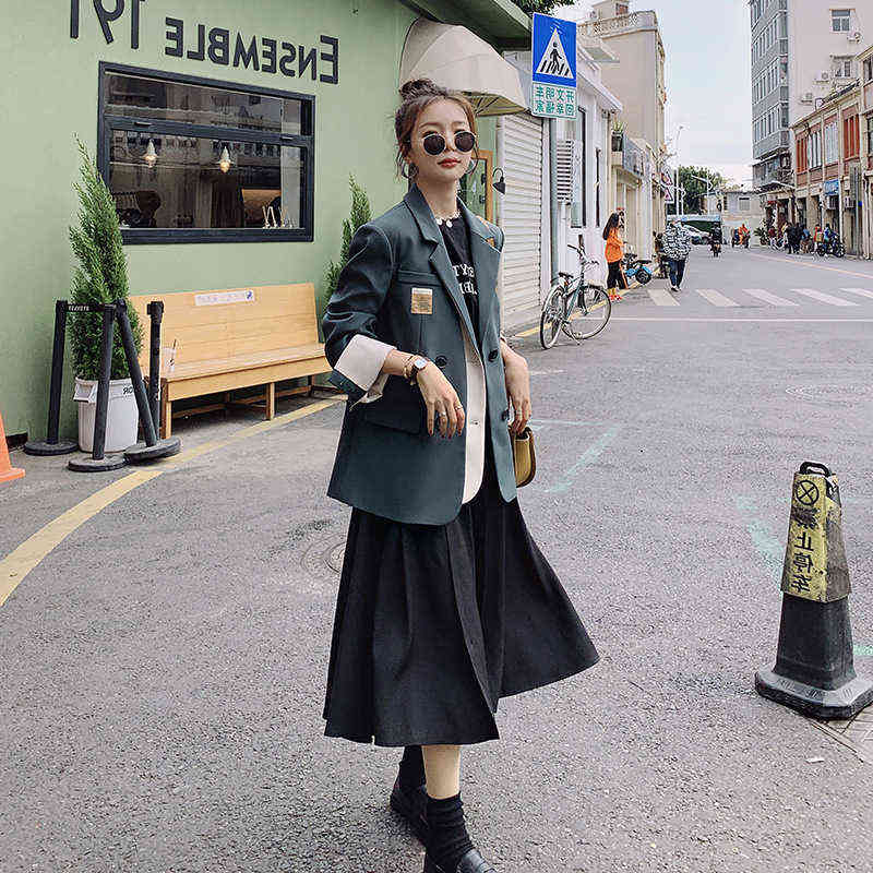 [EWQ] Autumn Female Office Lady Notched Collar Long-sleeved Single Breasted Patchwork Green Minimalist Blazer Coat 8P088 211122