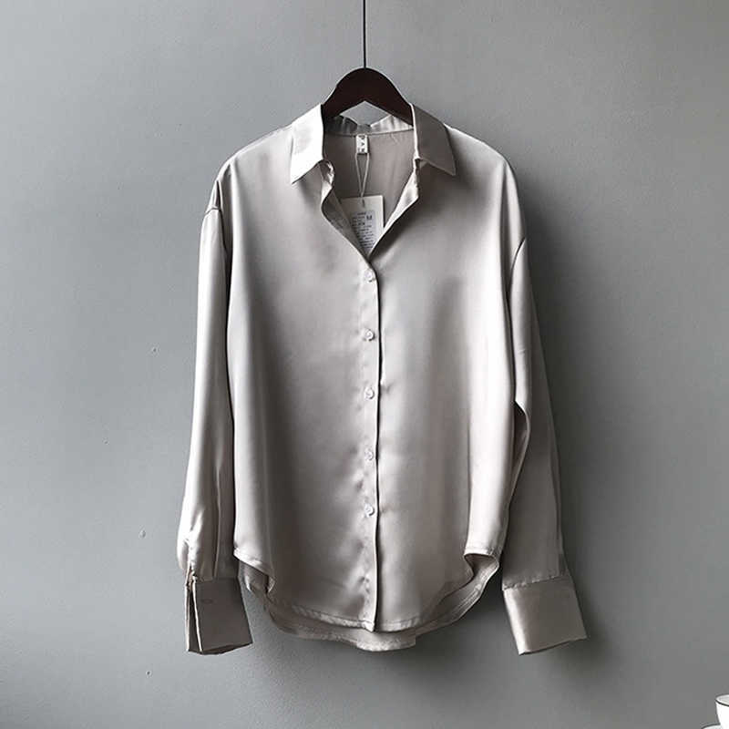 Spring Satin Silk Shirt Women Vintage Fashion Turn Down Collar Button Up Blouse White Lady Long Sleeve Femme Loose Street Shirts 210526